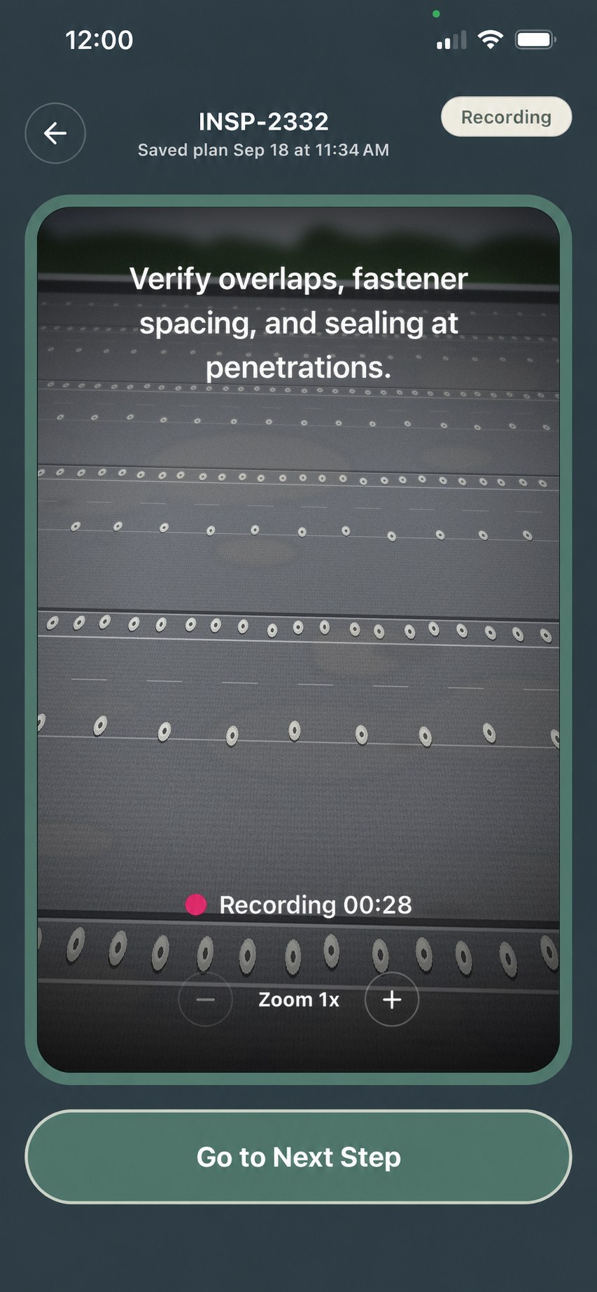 Inspektr mobile app recording a roofing underlayment inspection with the checklist prompt on screen