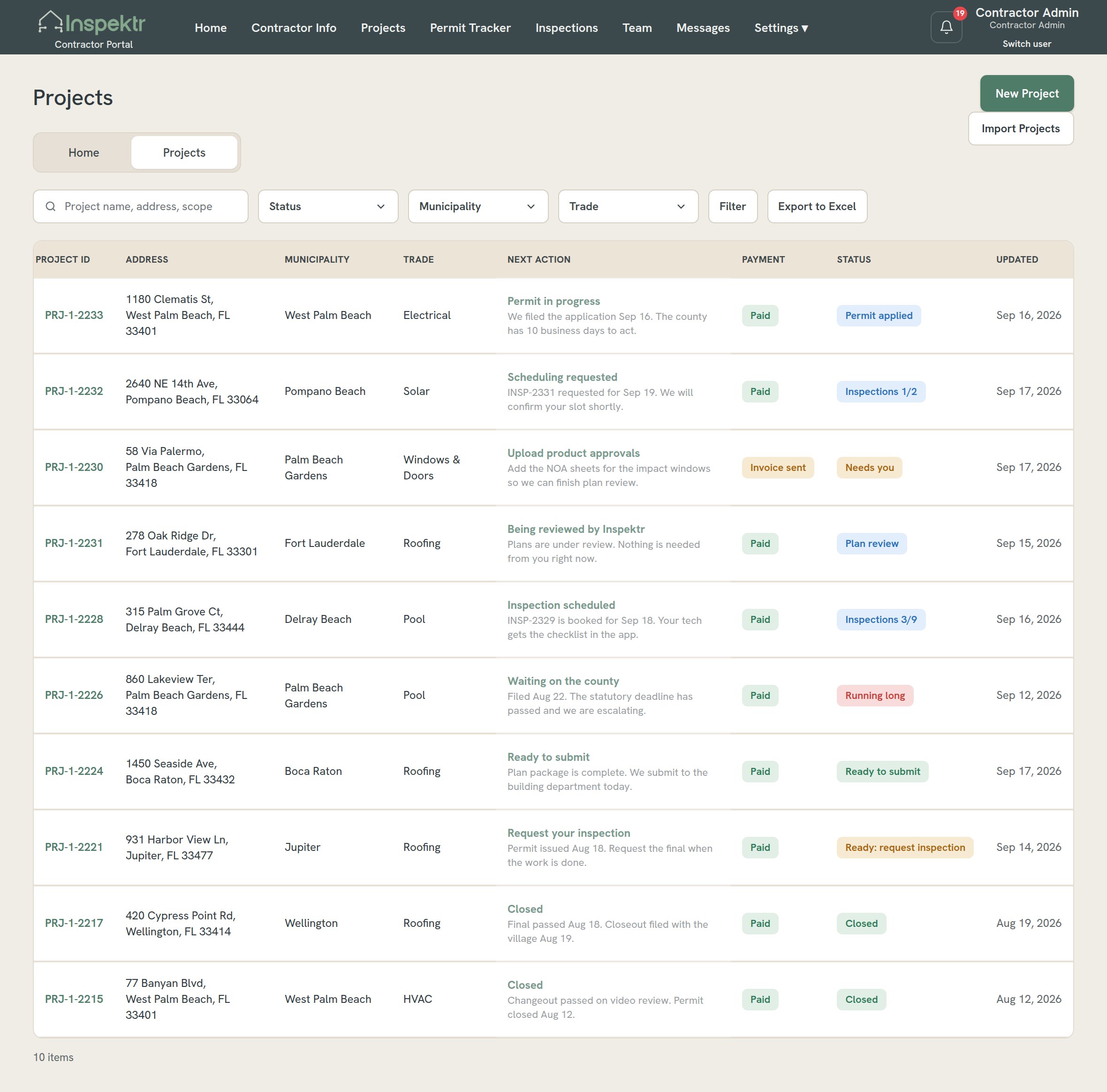 Inspektr contractor portal projects list with next action, payment and project status for each job